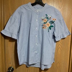 Blue Striped Blouse with Embroidered Floral Details